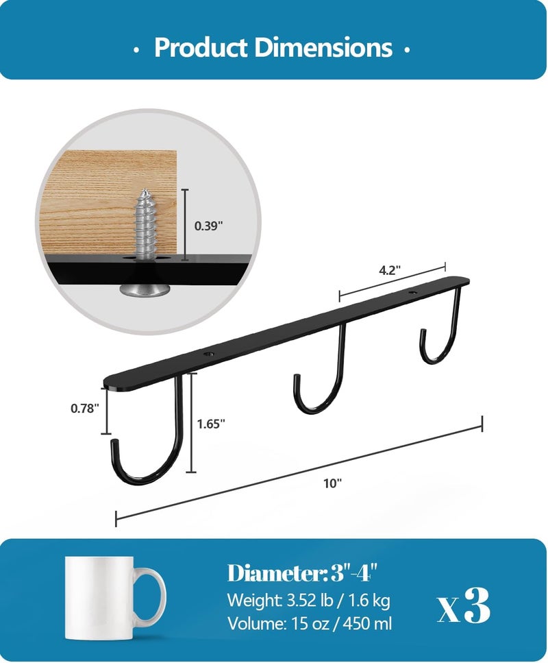 Luckinow 3 Pack Mug Hooks Under Cabinet, Coffee Mug Holder for Hanging Under Shelf, Cup Hanger with 9 Hooks for Displaying Mugs, Coffee Cups and Kitchen Utensils, Black - Image 4